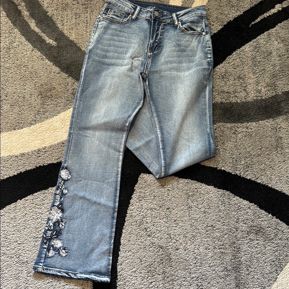 Blue Flare Jeans with Floral Embroidery